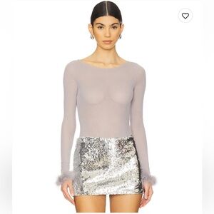 More to Come Grey Sparkle Mesh Feather Cuff Bodysuit - NWT - Size small
